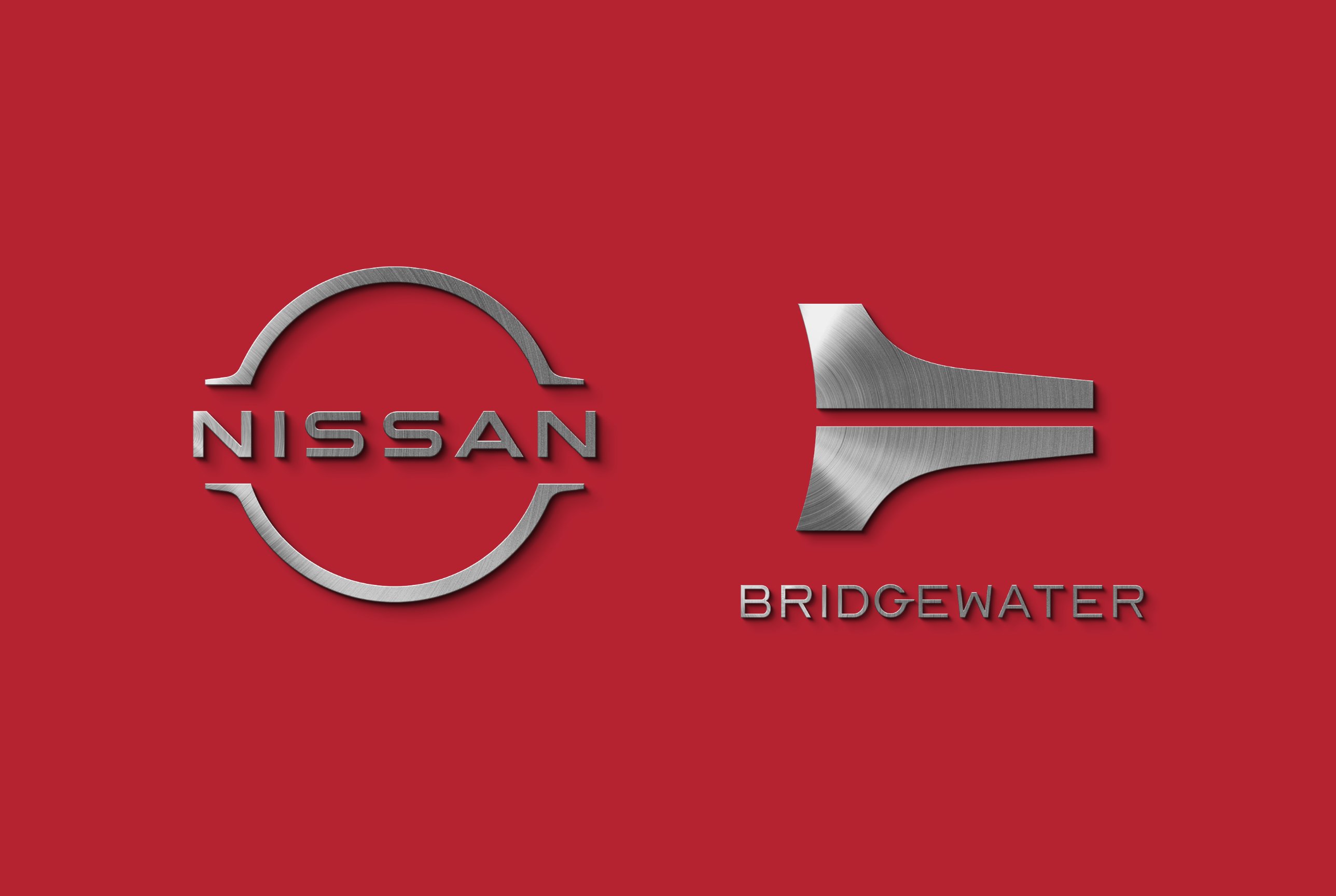 Nissan and Bridgewater marks in brushed metal on red