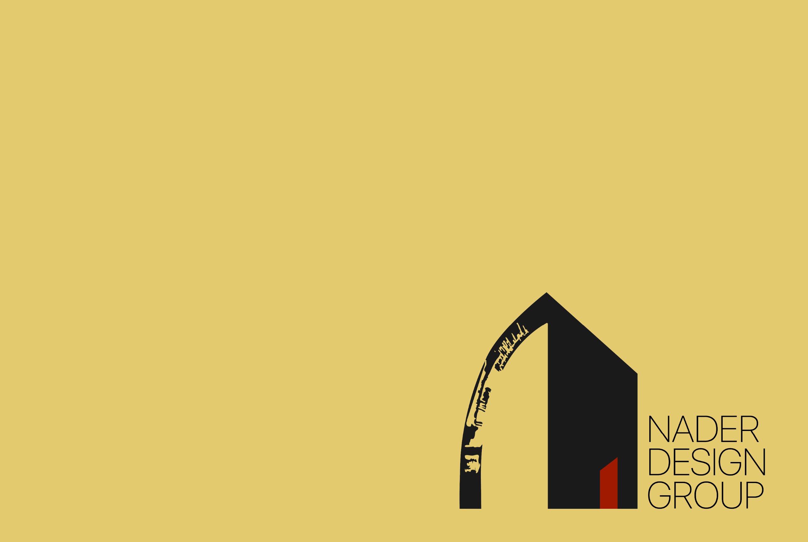 The Nader Design Group arch and house mark in black and red on gold