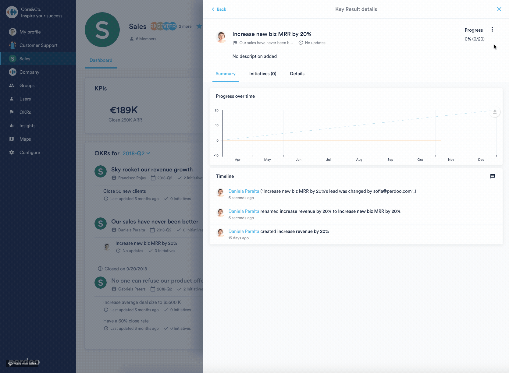 Progress updates and @ mention your team mates in Perdoo.