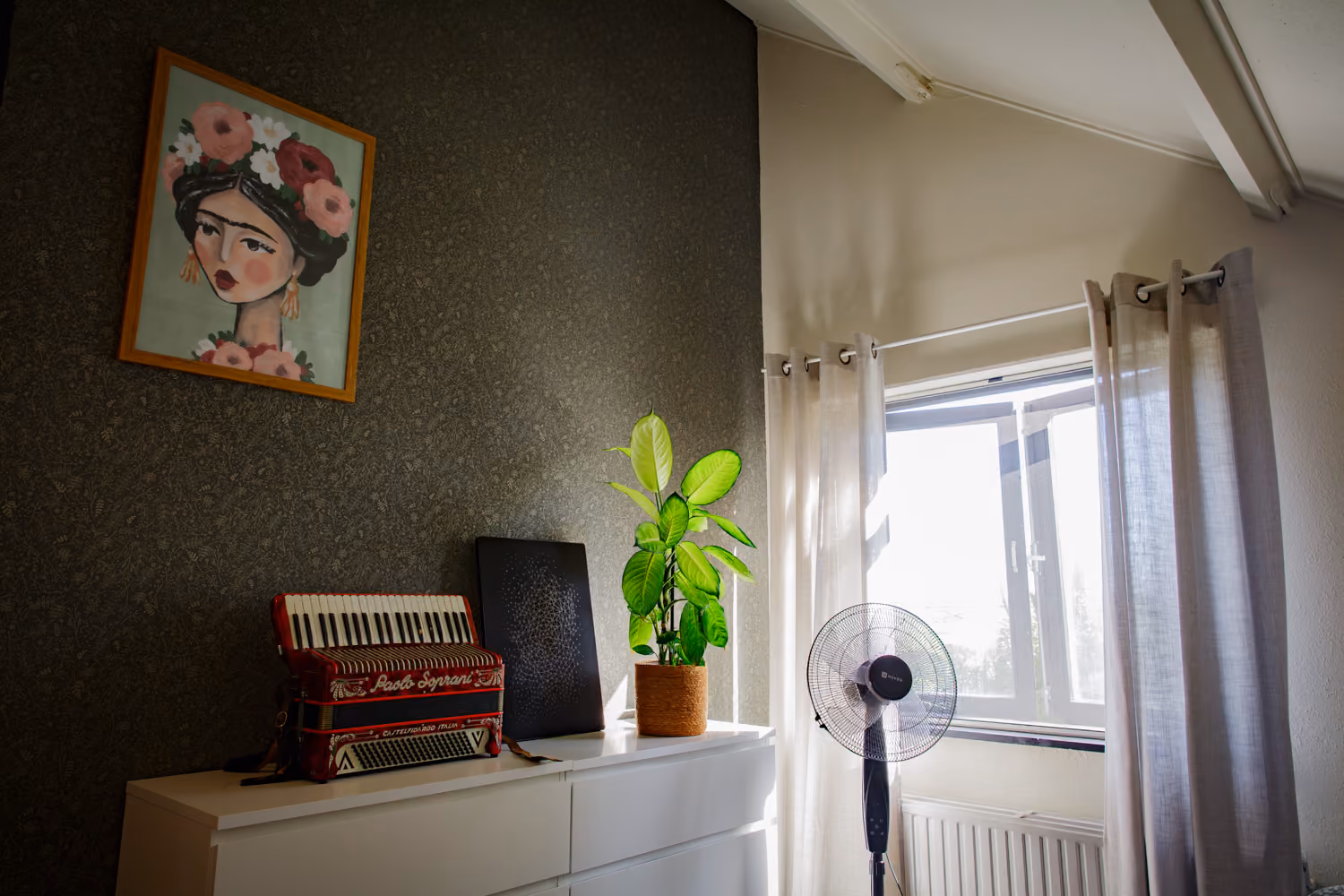Room upstairs with a red accordion, potted plant and floral portrait on dark wallpaper beside a sunny curtained window