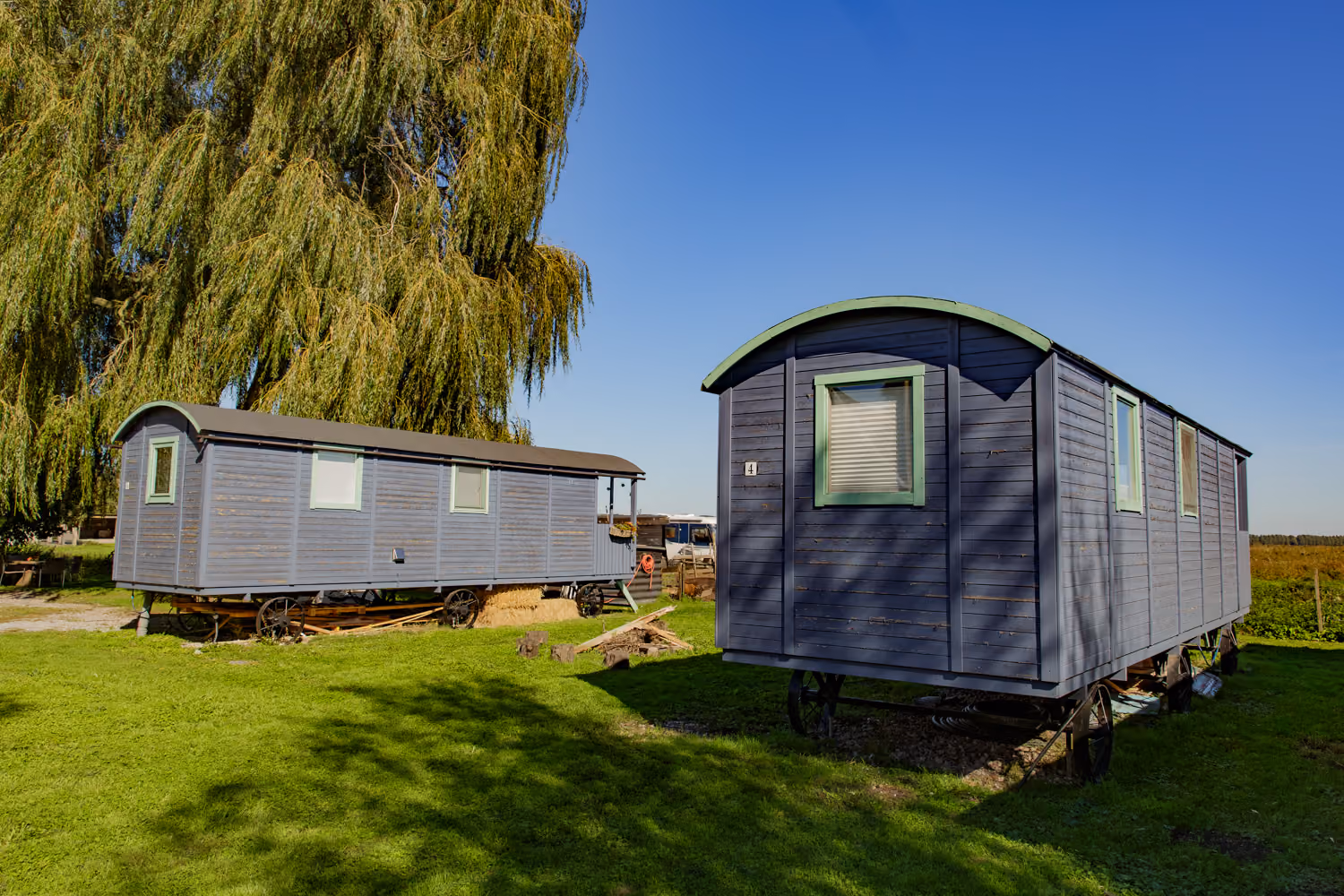 Two blue-grey wooden wagon huts with curved roofs, green trim and iron wheels on the lawn by a weeping willow
