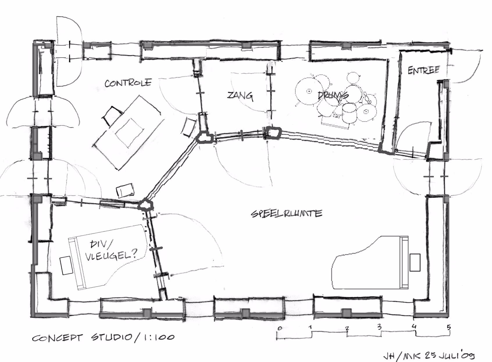 Hand-drawn 2009 concept floor plan of the studio with control room, vocal booth, drum booth and live room