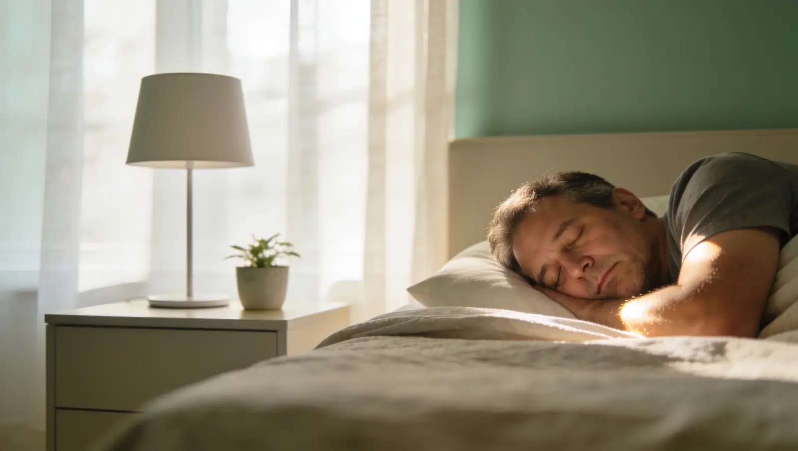Person sleeping peacefully in a calm bedroom