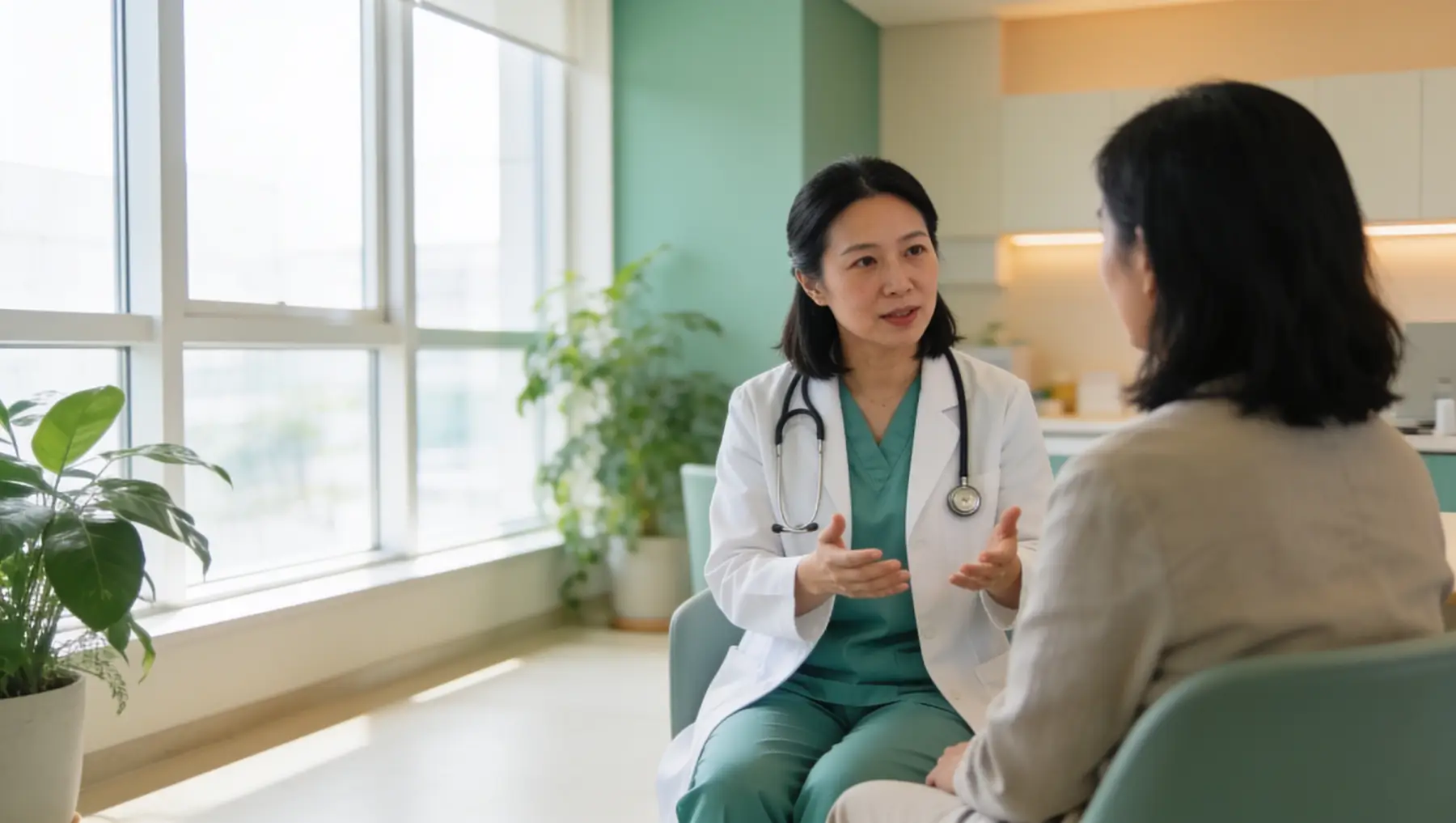 Doctor consulting a patient in a bright clinic room