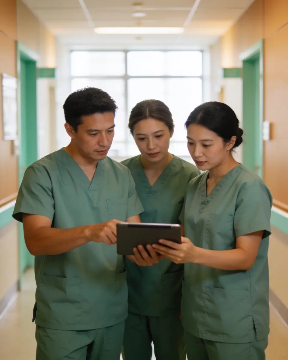 Three Poteka clinicians in green scrubs reviewing a case together