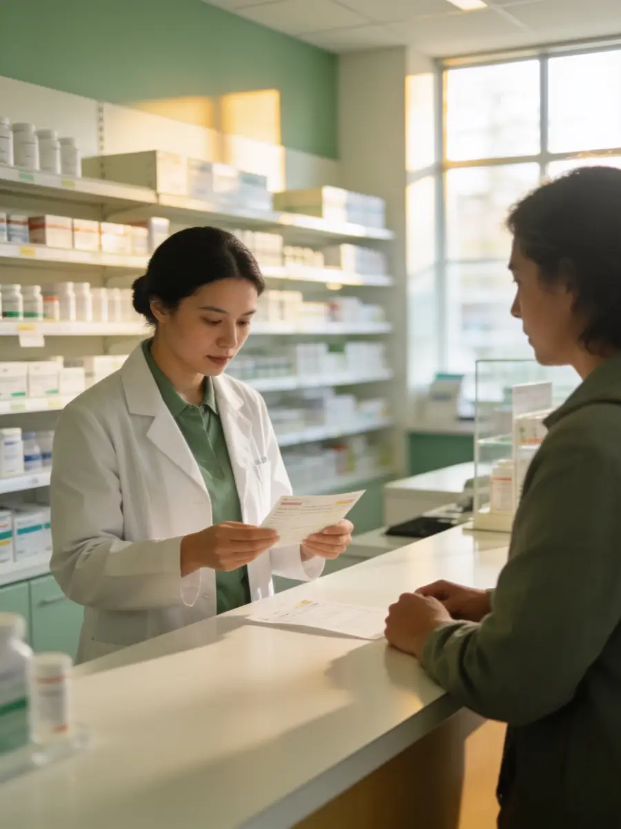 Pharmacist reviewing a prescription with a patient