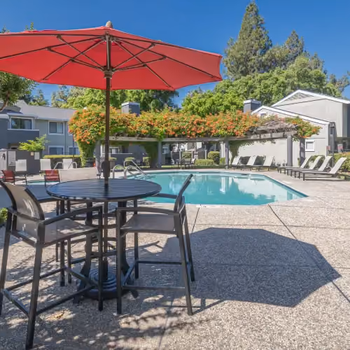 Outdoor seating area and pool
