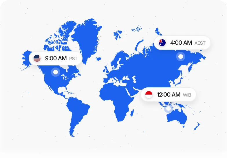 World map with meeting times in PST, AEST and WIB
