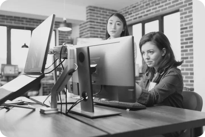 Two colleagues working at desktop computers in an office