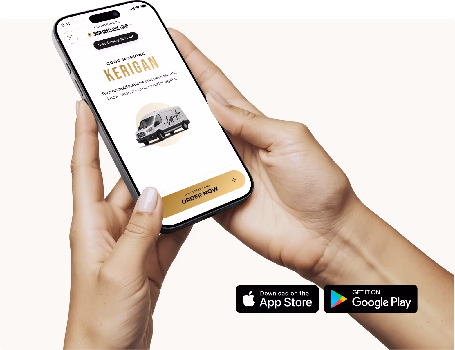 A woman using the CoffeeNow mobile app on her phone