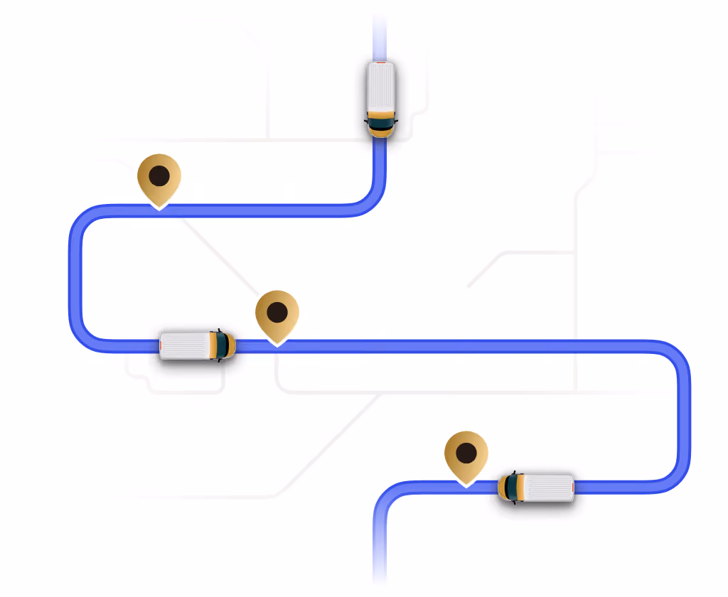 Illustration of a blue winding route with three vans positioned along the route and three location markers placed near the trucks on a subtle map background.