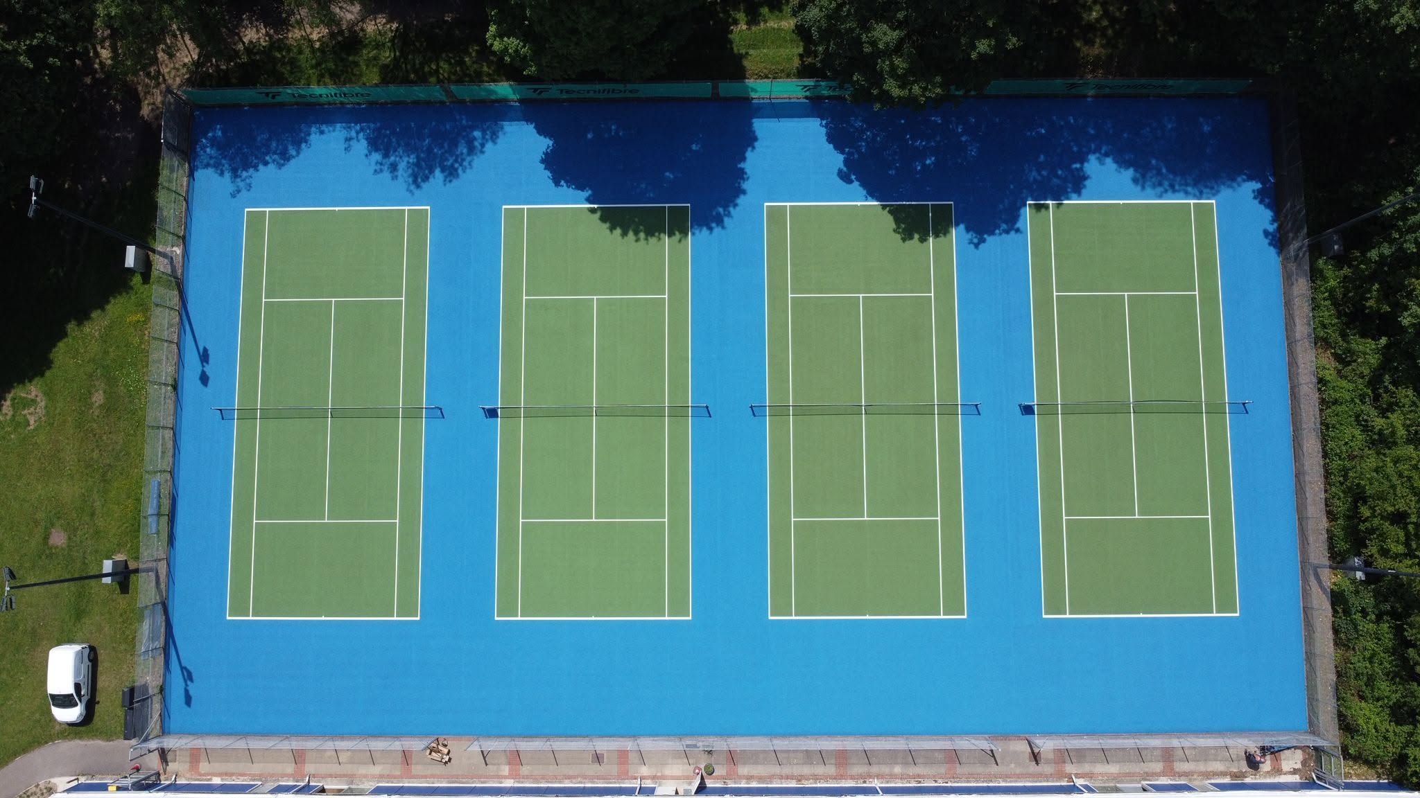 Aerial view of the tennis courts at War Memorial Park, Basingstoke