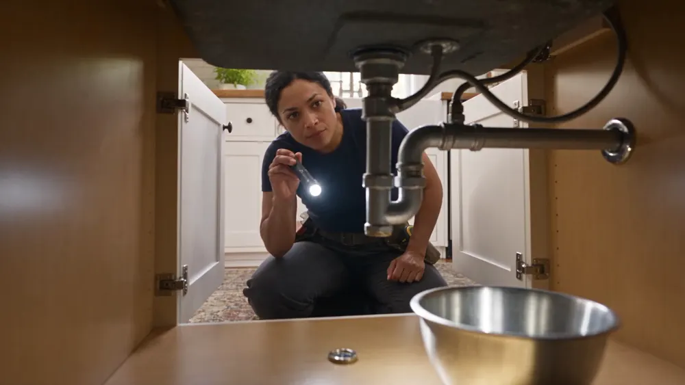 A technician carefully inspecting a sink drain
