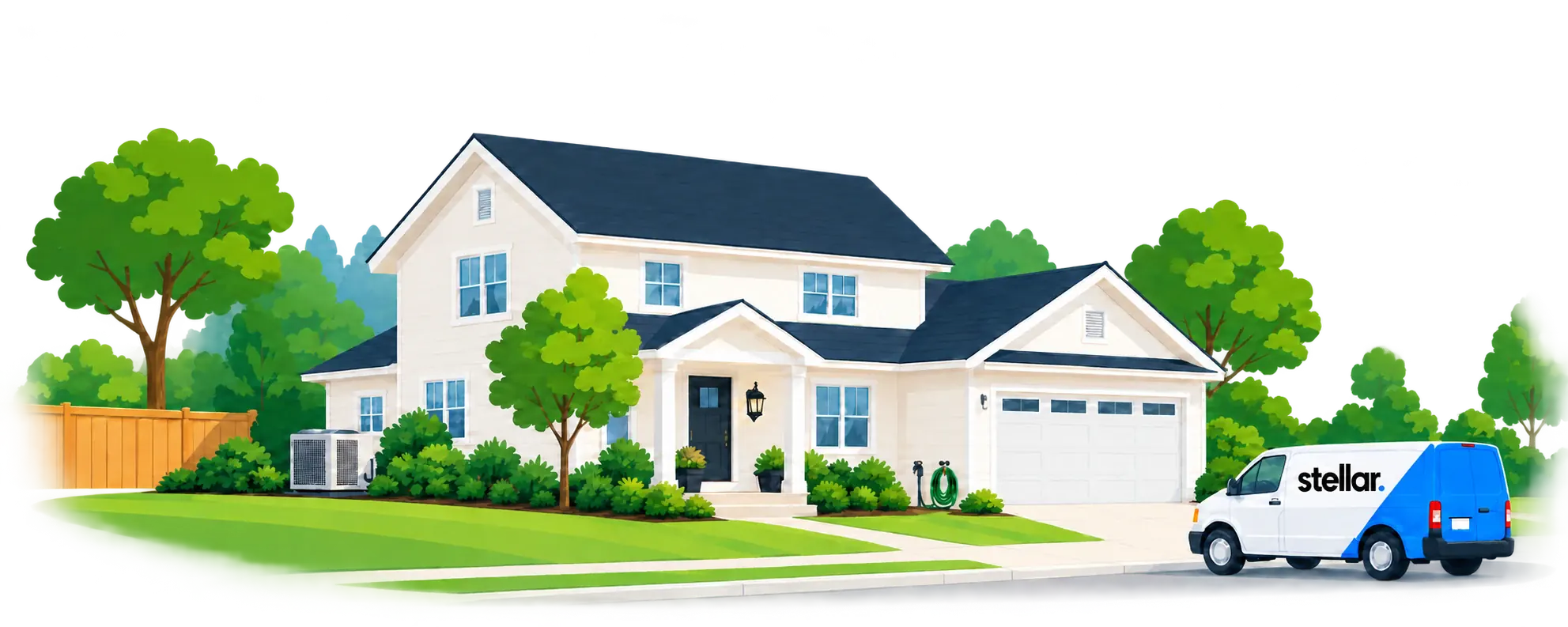 Illustrated home with a Stellar service van parked out front.