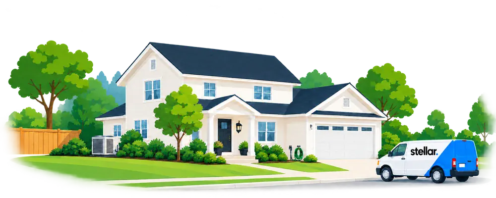 Illustrated home with a Stellar service van parked out front.