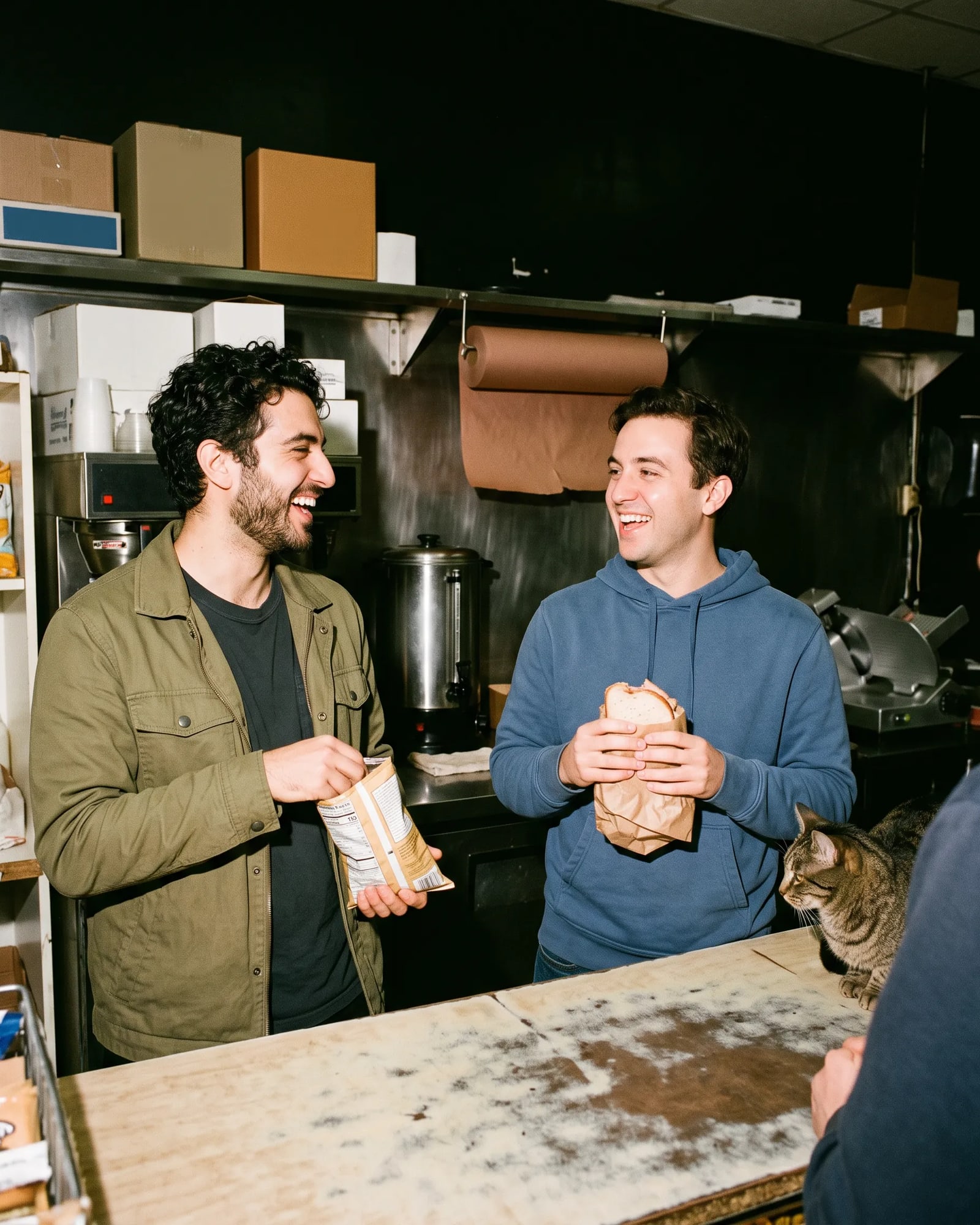 Two friends grinning at a bodega counter late at night, the bodega cat beside them.
