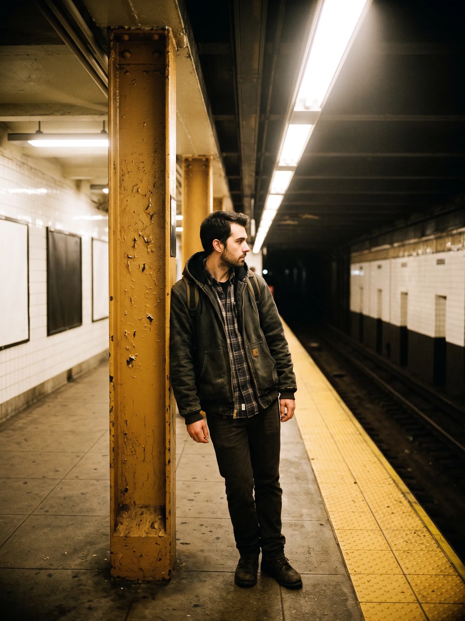 Someone waiting alone on a tiled subway platform.