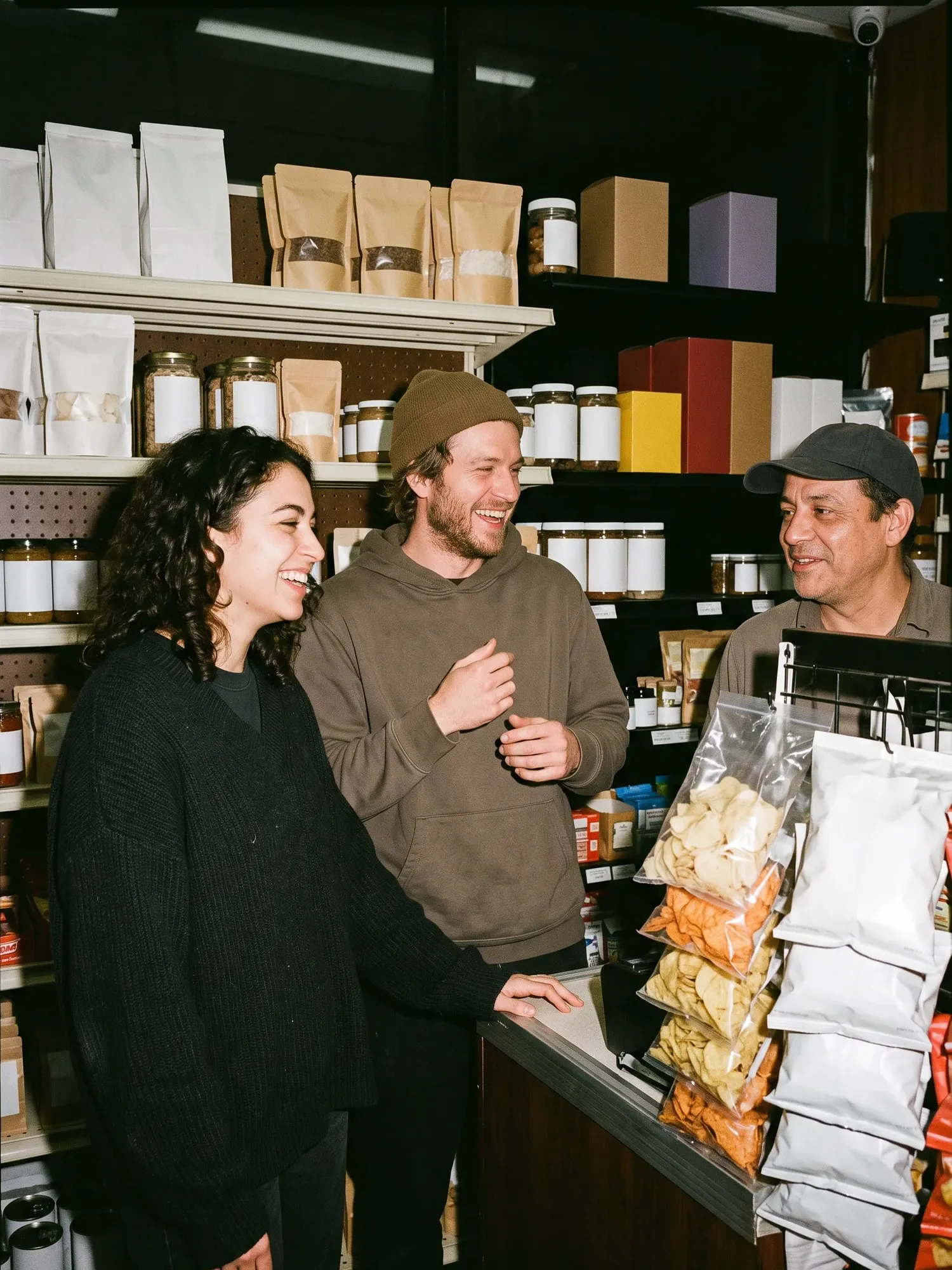 Two friends chatting with the clerk at a bodega counter lined with chips.