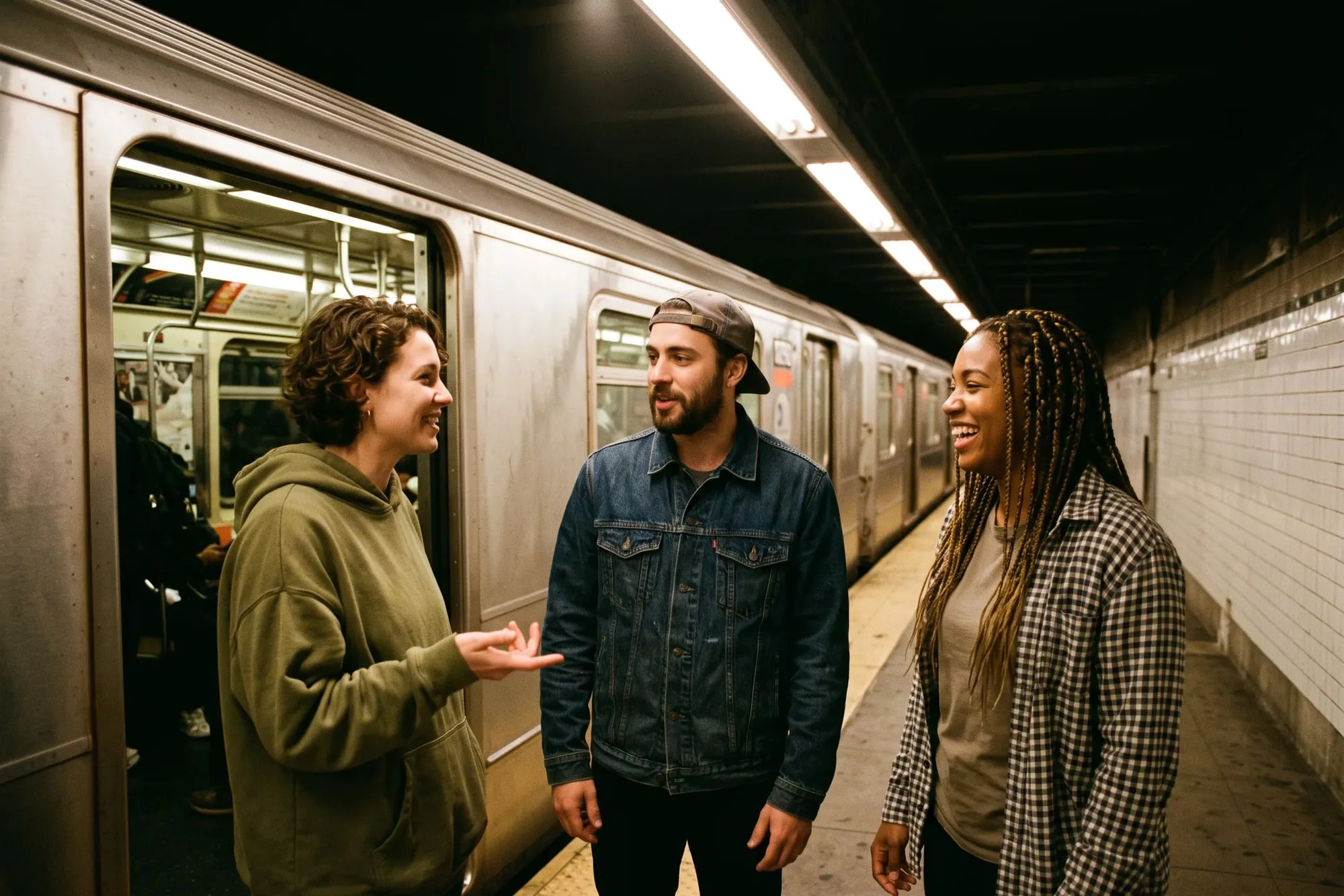 Three people talking on a subway platform beside a stopped train.