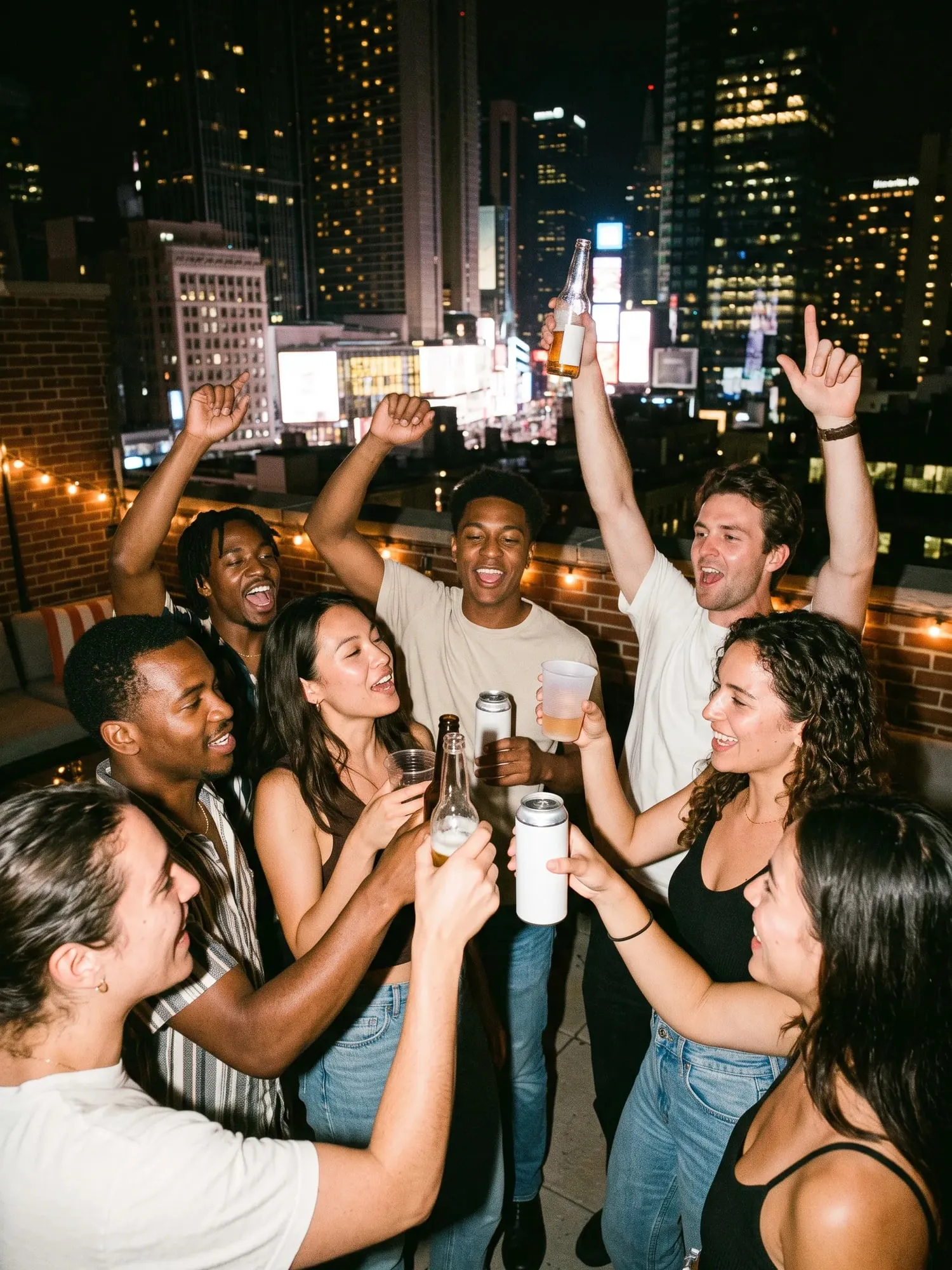 Friends cheering on a rooftop with the Manhattan skyline behind them.