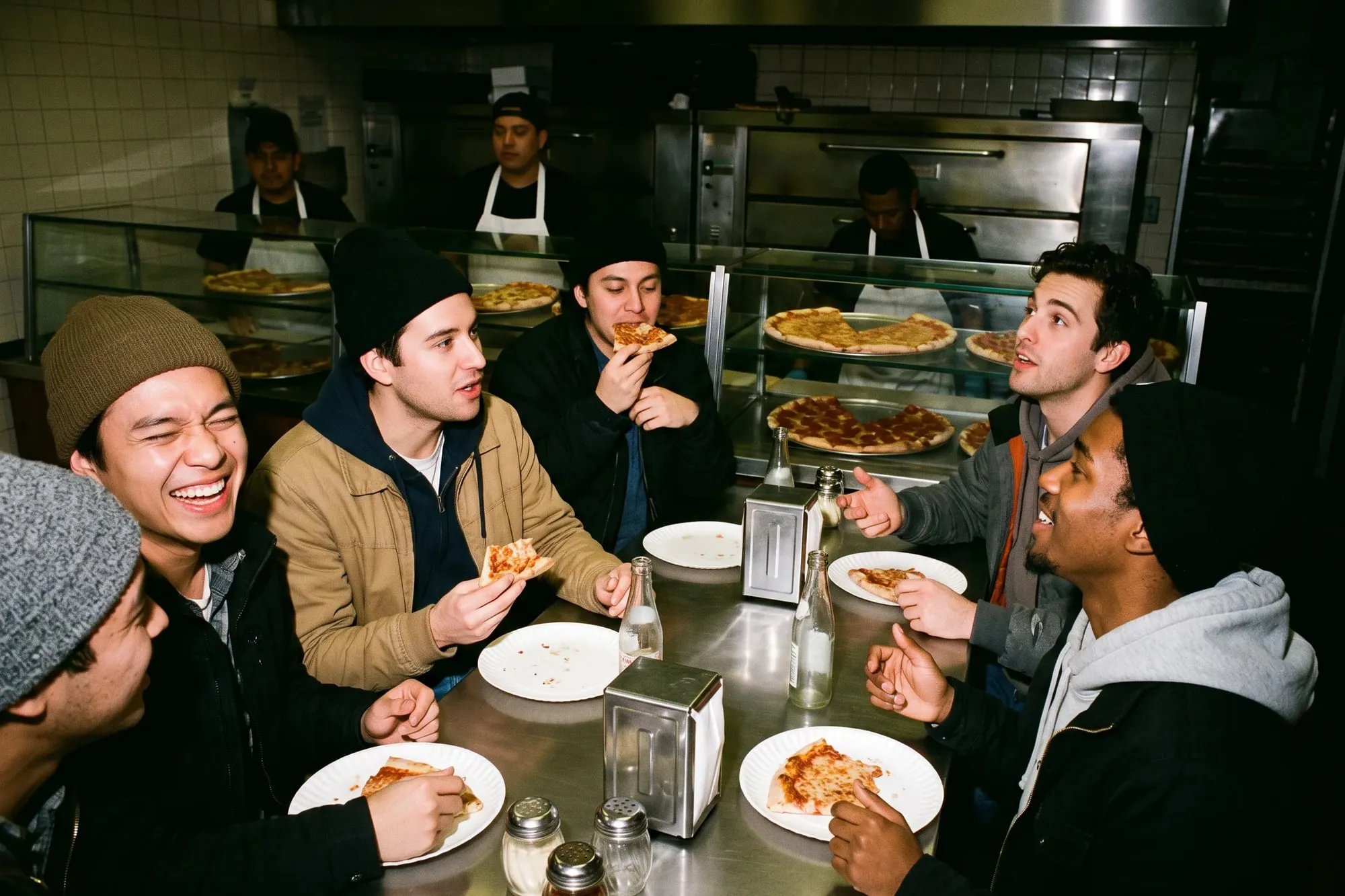 Friends laughing over slices at a crowded late-night pizza counter.