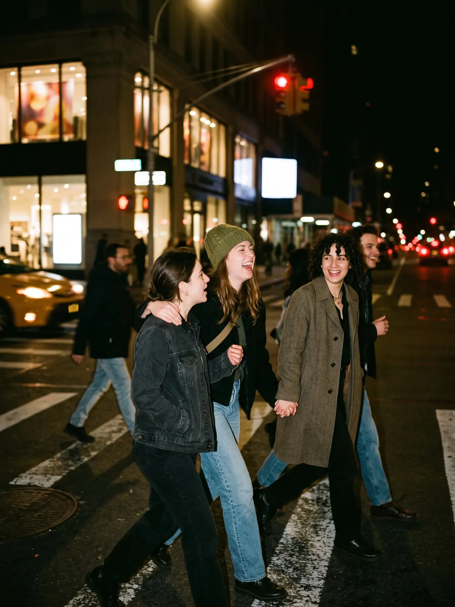 Friends crossing a street at night, laughing, a taxi and shop lights behind them.