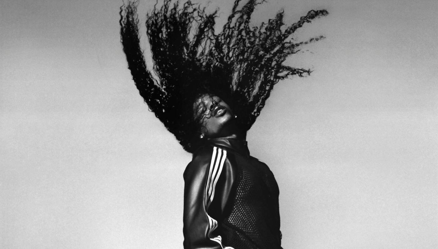 Teezo Touchdown for Adidas Originals Superstar. In action shot of hair swinging.