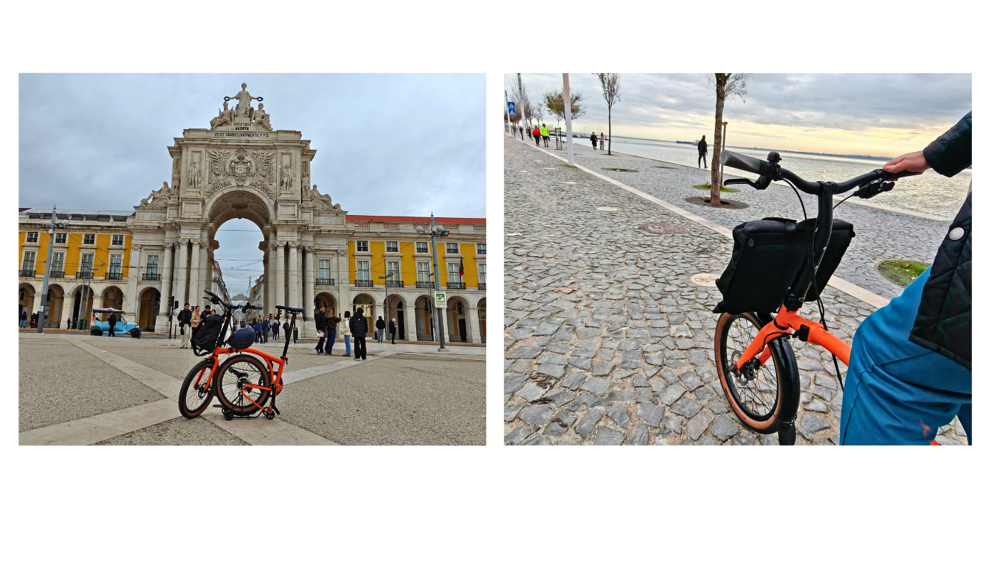 OnePlus 15 review, showing camera shots of a Brompton G Line in the city of Lisbon.