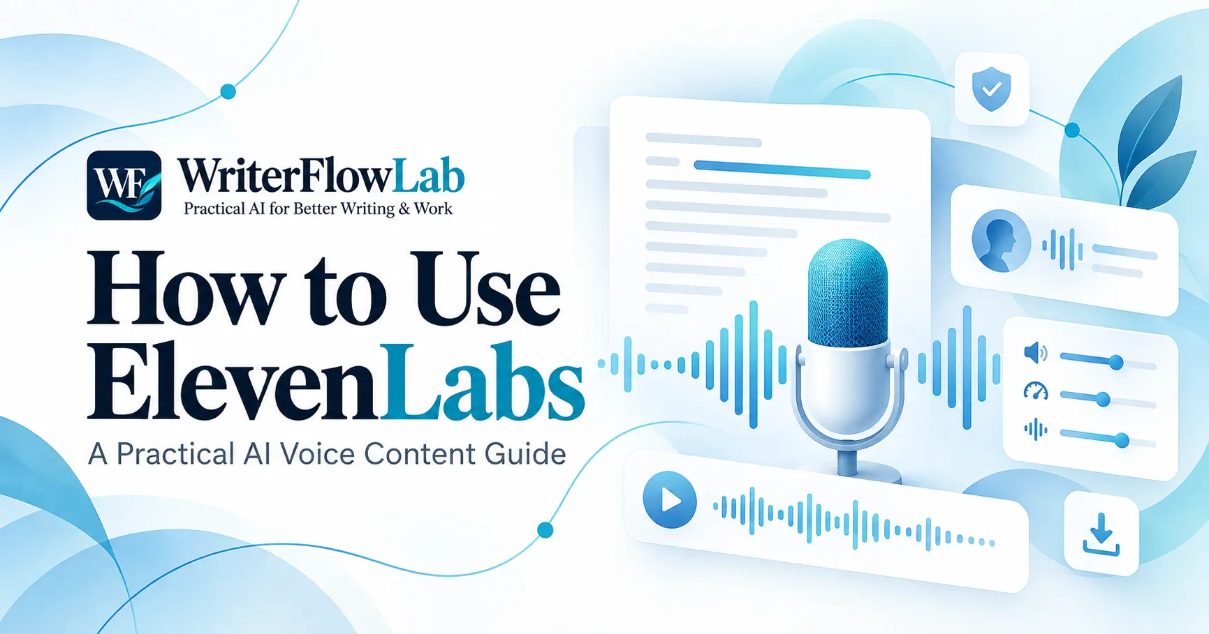 WriterFlowLab banner: How to Use ElevenLabs - A Practical AI Voice Content Guide, with a microphone and audio waveform