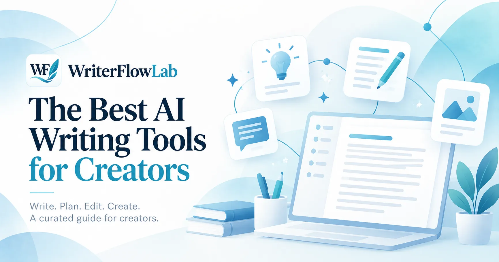 WriterFlowLab banner: The Best AI Writing Tools for Creators, with a laptop surrounded by writing, idea and image icons