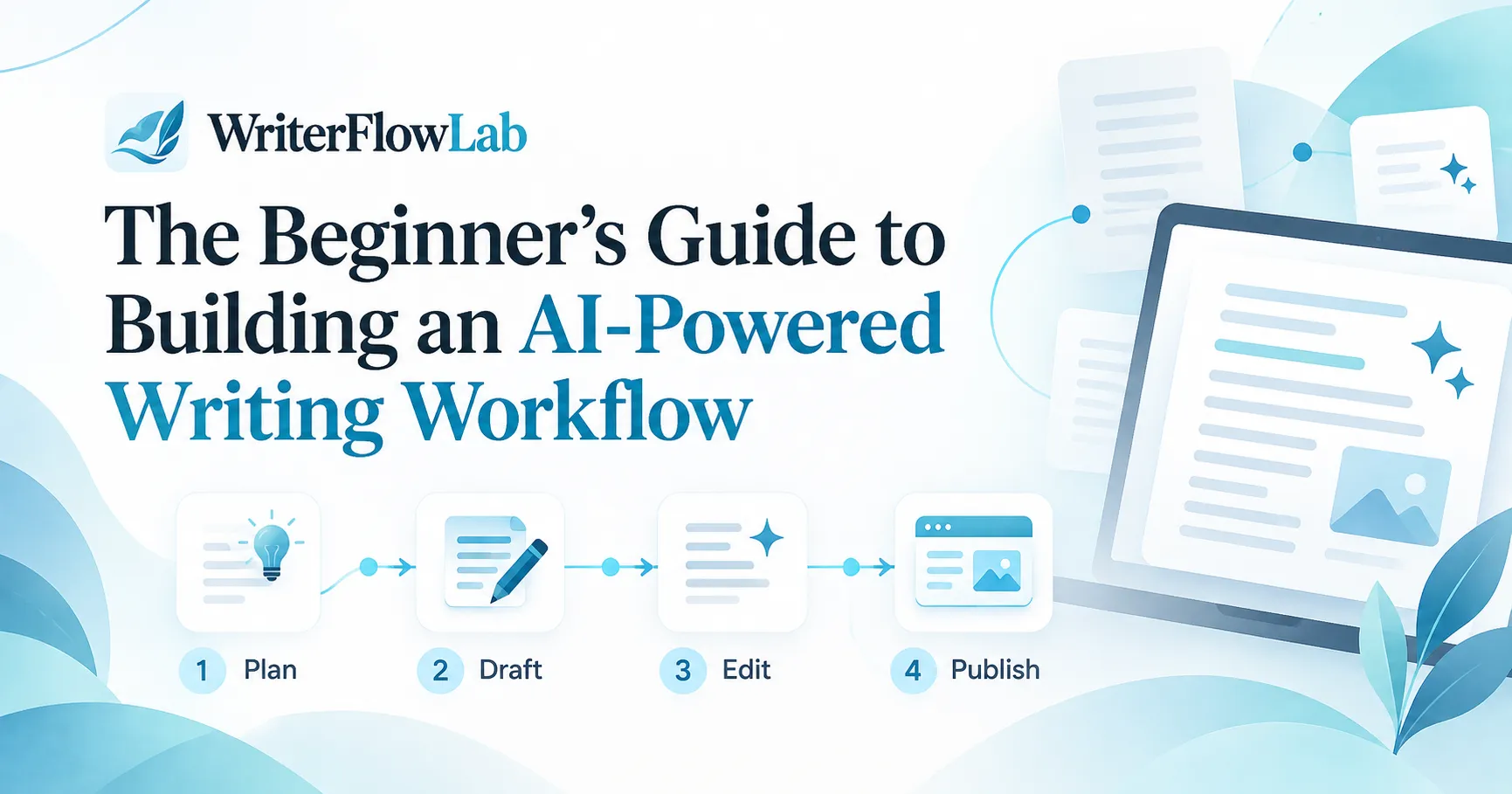WriterFlowLab banner: The Beginner's Guide to Building an AI-Powered Writing Workflow, showing four steps: plan, draft, edit and publish