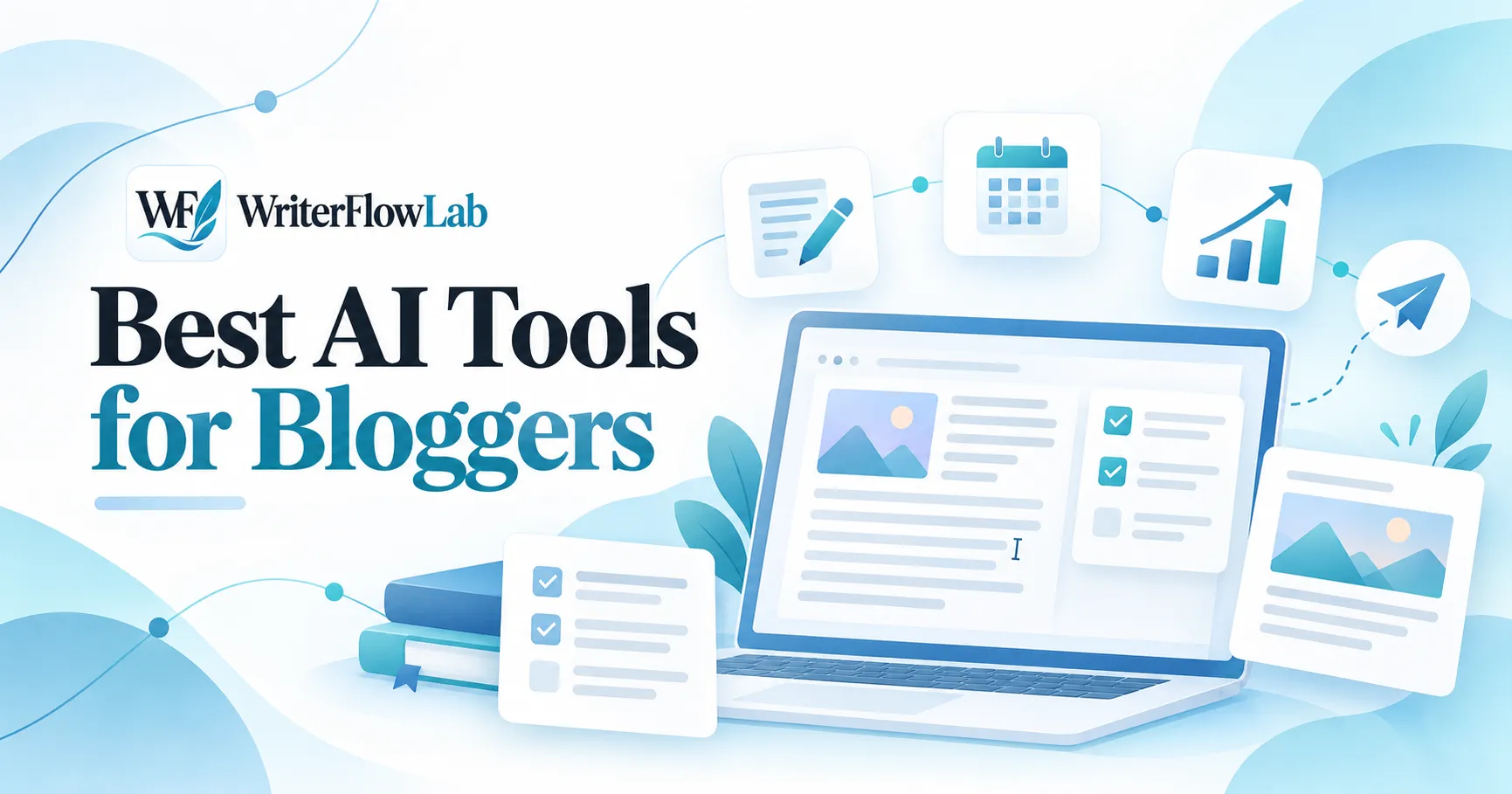 WriterFlowLab banner: Best AI Tools for Bloggers, with a laptop showing a blog post and planning, calendar and growth icons