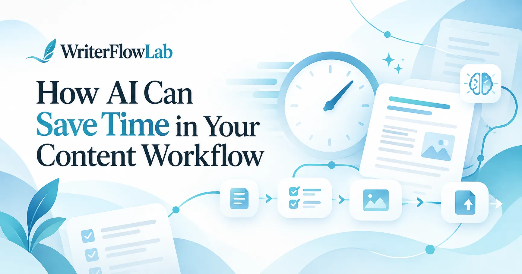 WriterFlowLab banner: How AI Can Save Time in Your Content Workflow, with a clock and a row of content workflow steps
