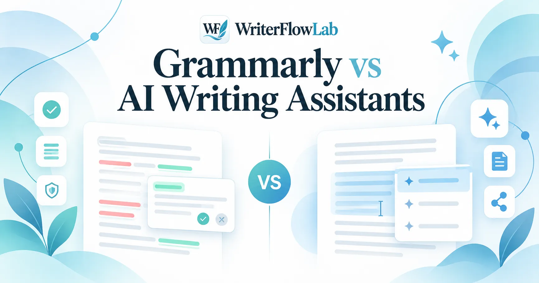 WriterFlowLab banner: Grammarly vs AI Writing Assistants, comparing an edited document with an AI-generated draft