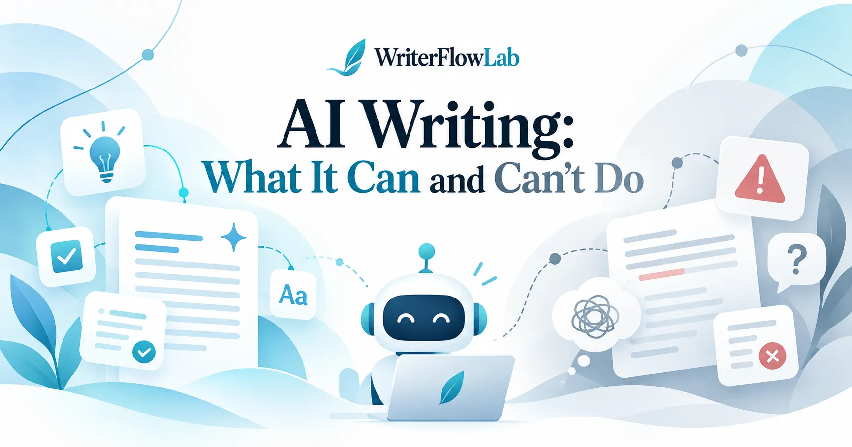 WriterFlowLab banner: AI Writing: What It Can and Can't Do, with a friendly robot at a laptop between approved and flagged documents