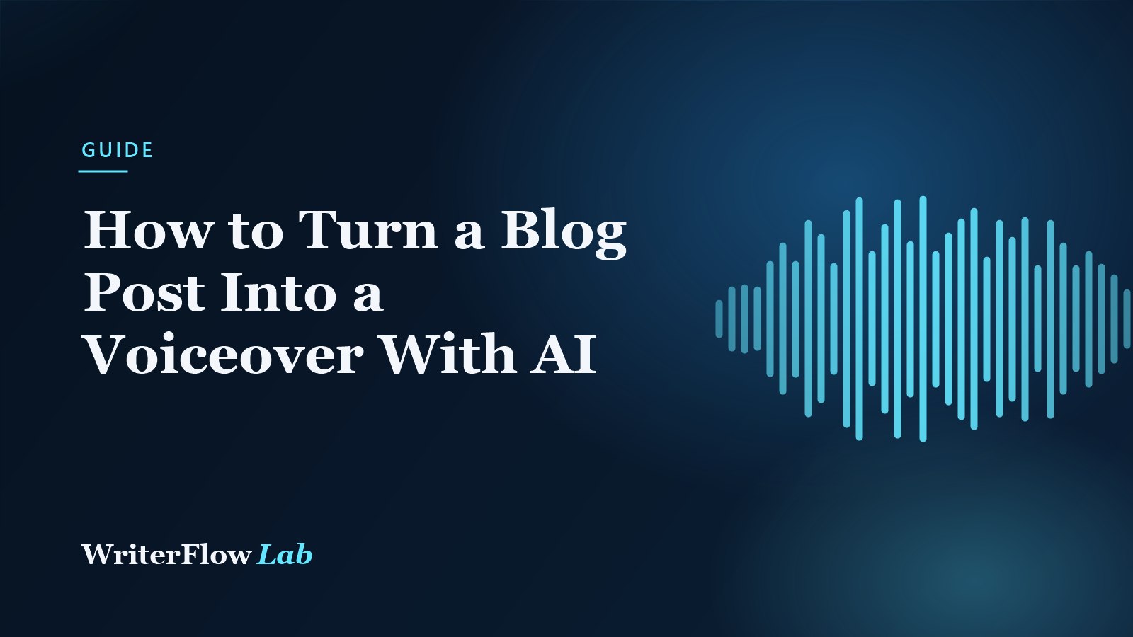 WriterFlowLab banner: How to Turn a Blog Post Into a Voiceover With AI, with a cyan audio waveform