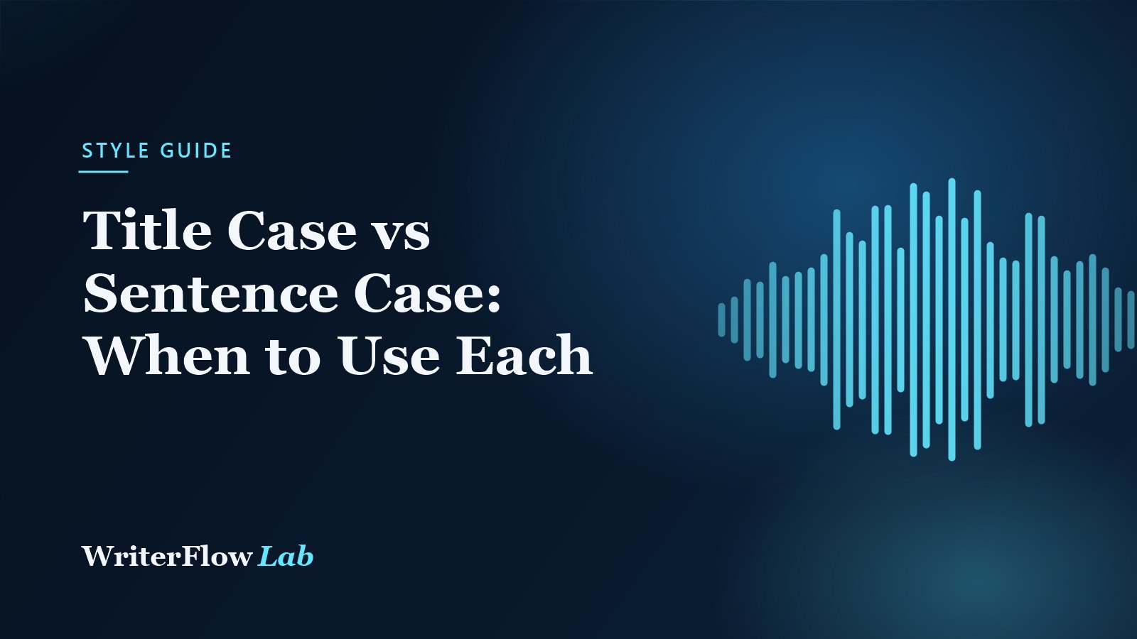 WriterFlowLab banner: Title Case vs Sentence Case - When to Use Each, with a cyan waveform graphic