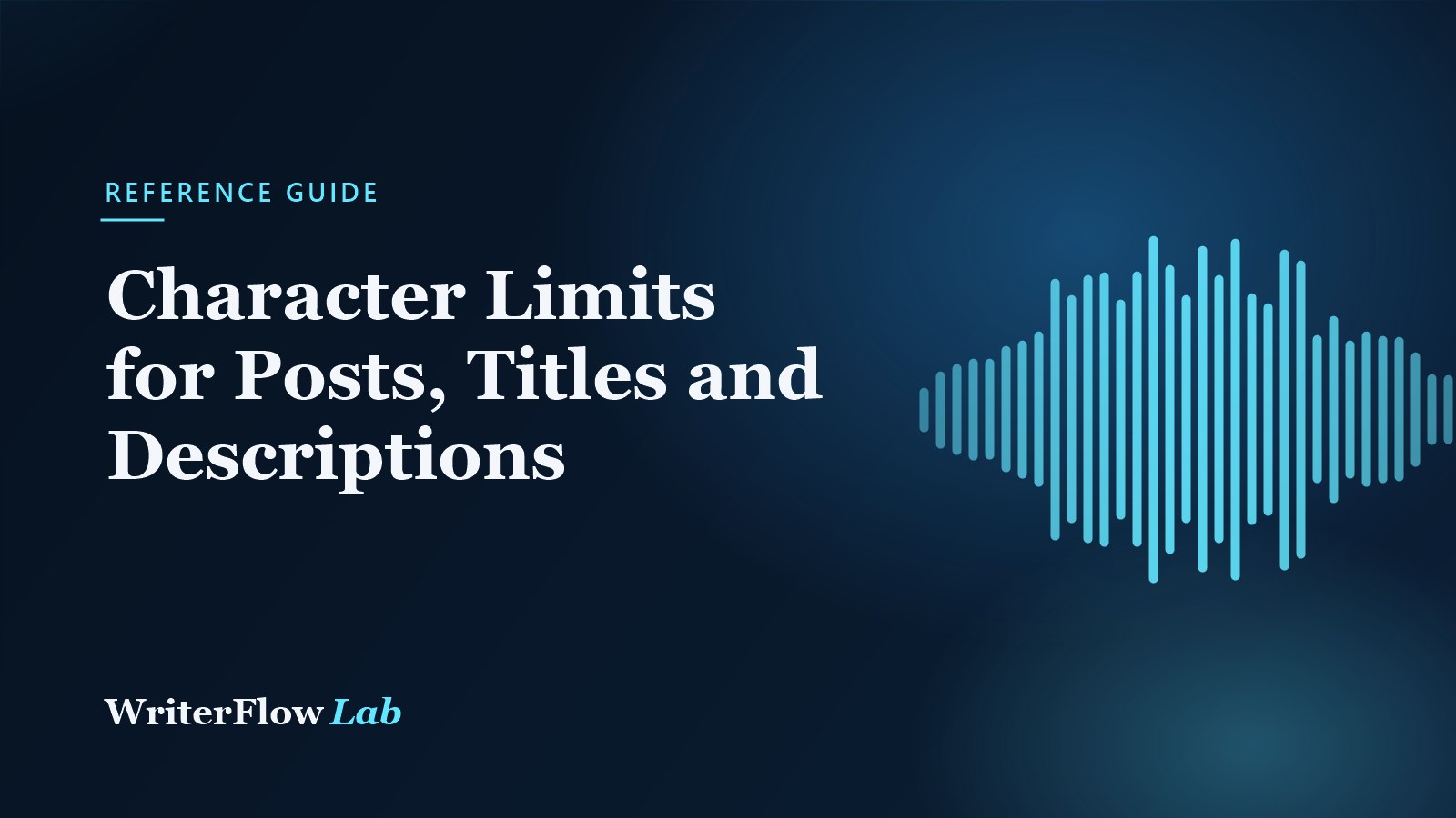 WriterFlowLab banner: Character Limits for Posts, Titles and Descriptions, with a cyan waveform graphic