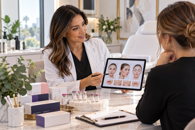 Aesthetic provider organizing a range of injectable treatment vials in a clinic setting