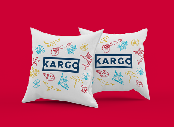 Kargo-branded pillows featuring colorful hand-drawn coastal illustrations