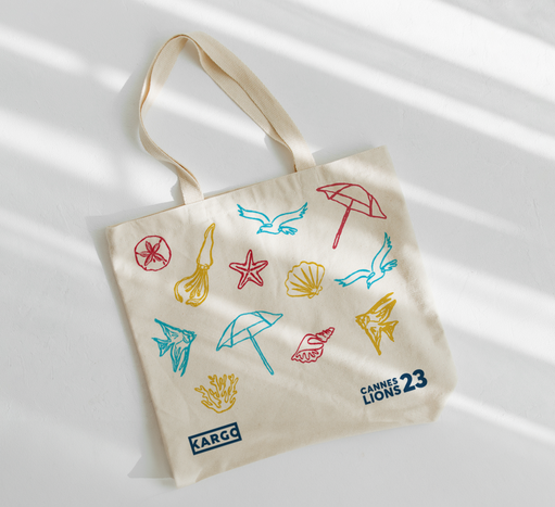 Kargo Cannes Lions '23 tote bag featuring colorful hand-drawn coastal illustrations