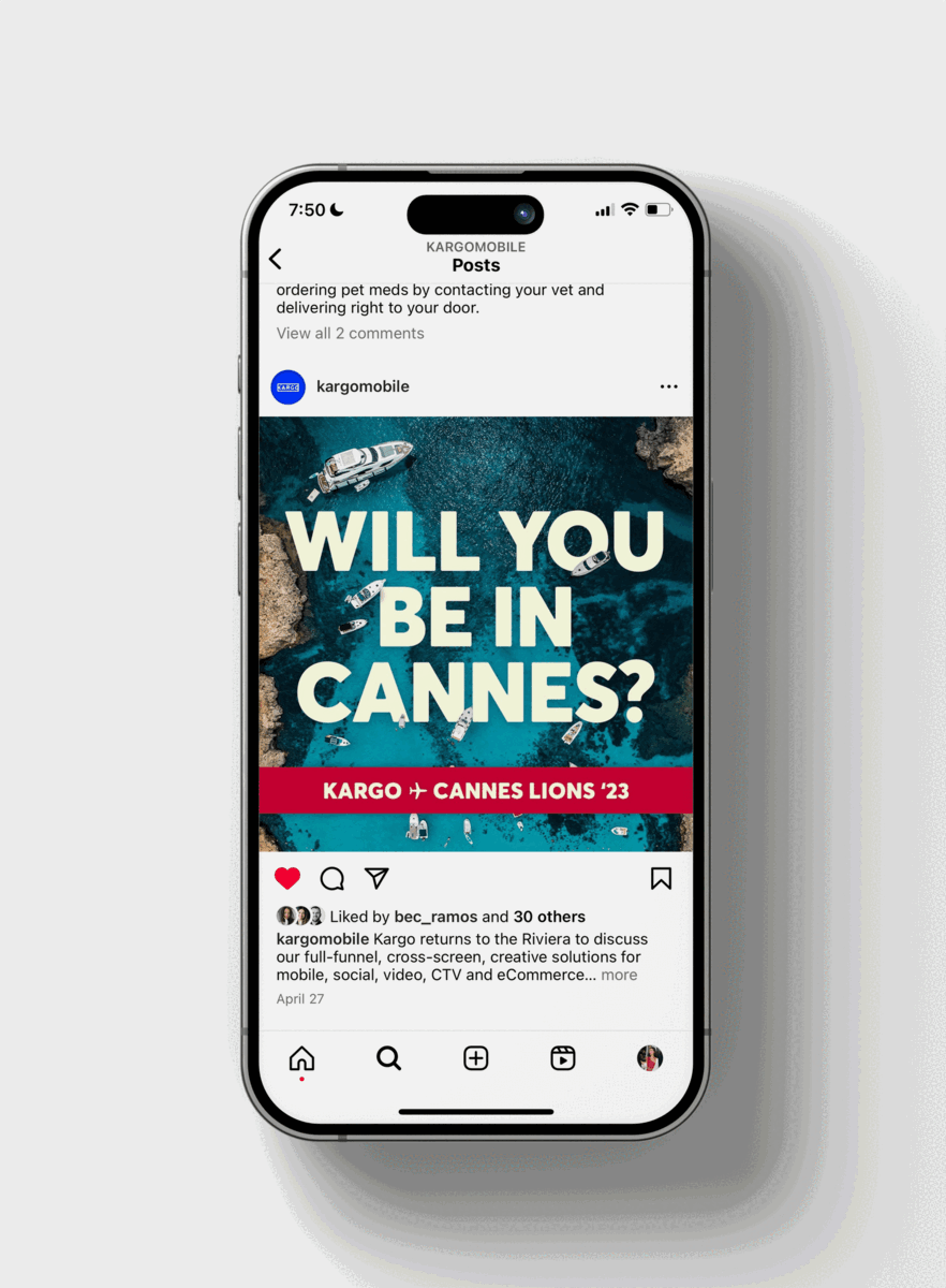 Animated social media posts promoting Kargo's Cannes Lions '23 event displayed on an iPhone