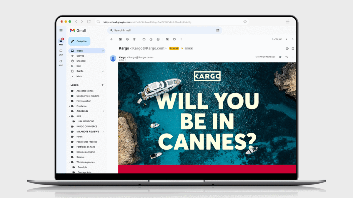 Animated Kargo email newsletter promoting the Cannes Lions event, shown on a laptop
