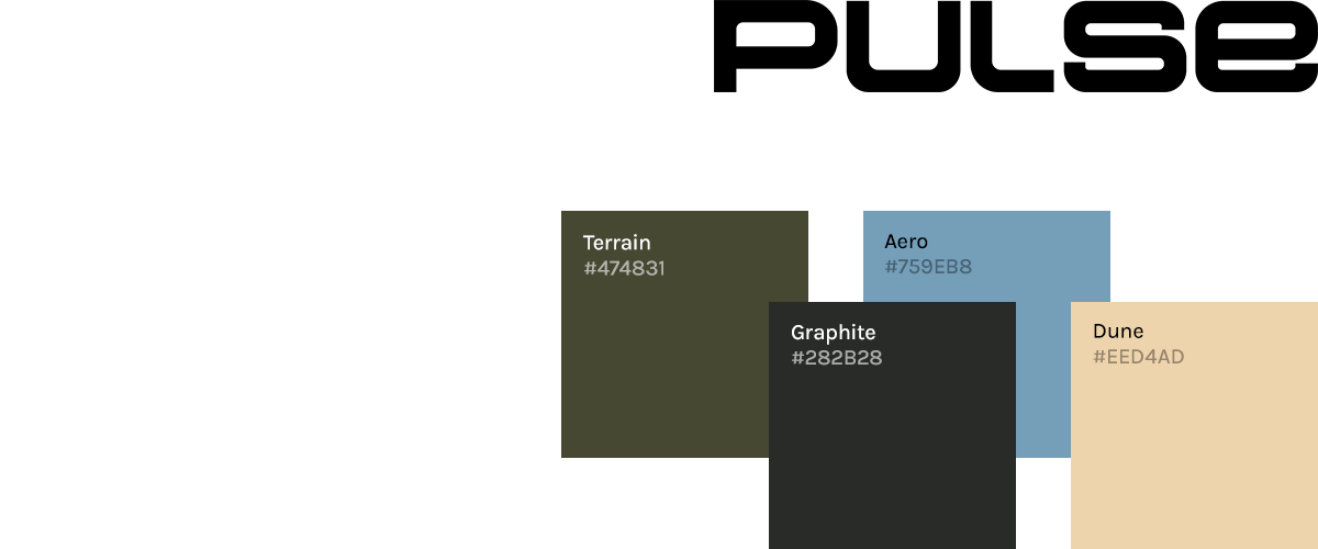 Pulse brand identity showing four color swatches labeled Terrain with hex code #474831, Aero with #759EB8, Graphite with #282B28, and Dune with #EED4AD.