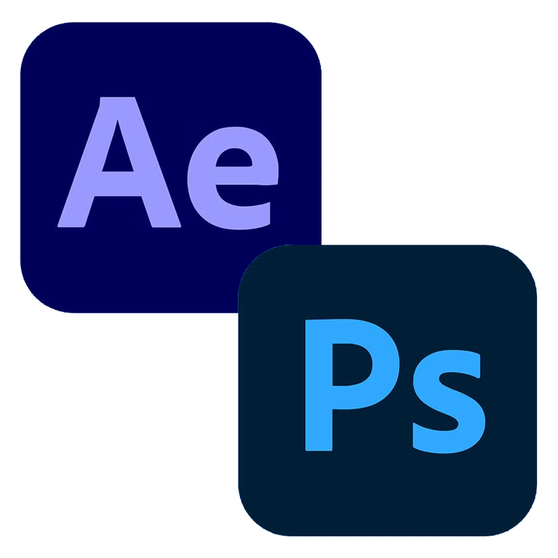 Two Adobe app icons: After Effects icon with letters Ae on a dark blue background and Photoshop icon with letters Ps on a blackish blue background.