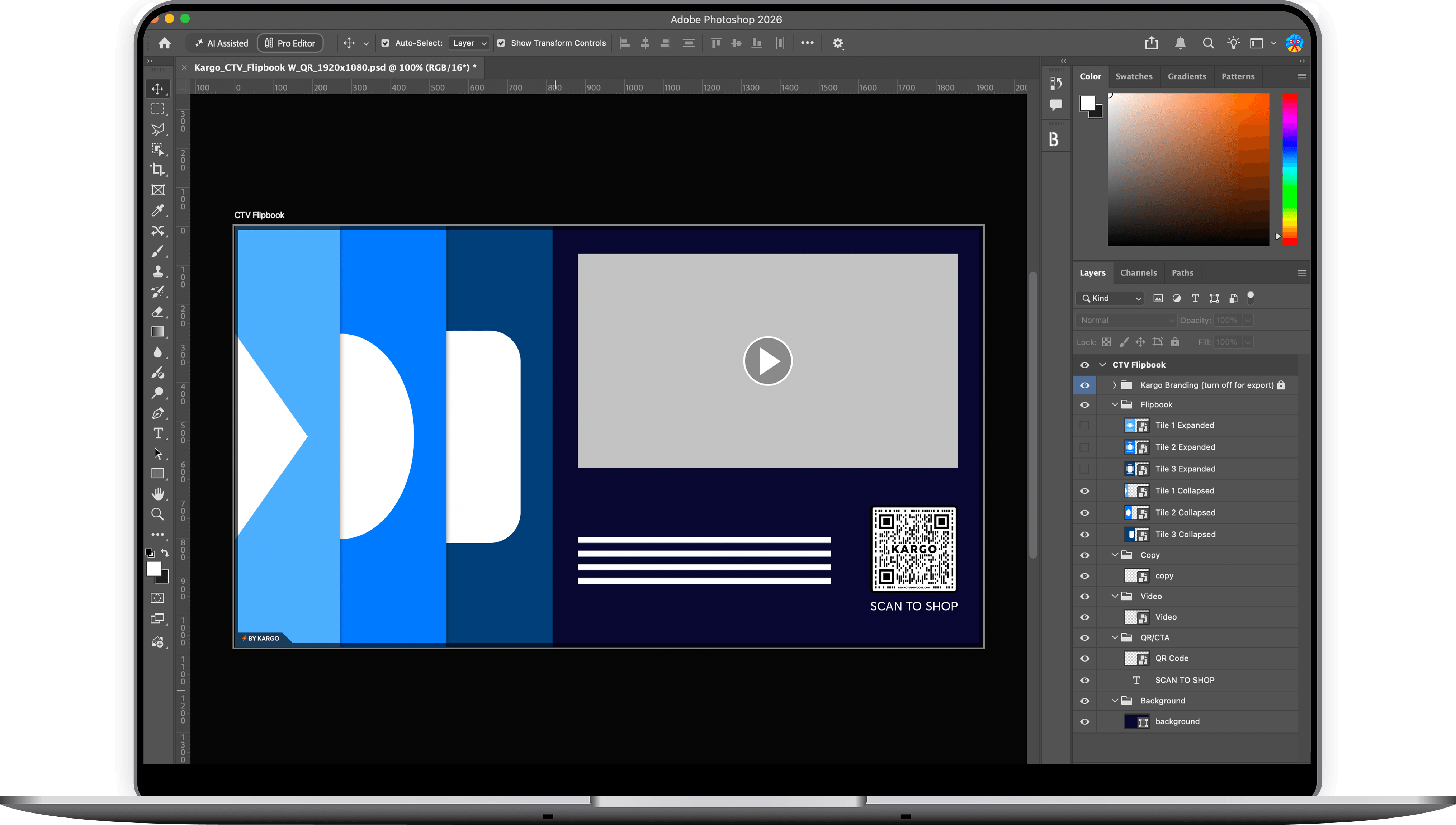 Open laptop displaying Adobe Photoshop 2026 with a design project titled 'Kargo_CTV_Flipbook' visible, showing a layered interface including blue graphic tiles, a video play button placeholder, and a QR code labeled 'SCAN TO SHOP'. Photoshop toolbars and layers panel are also visible.