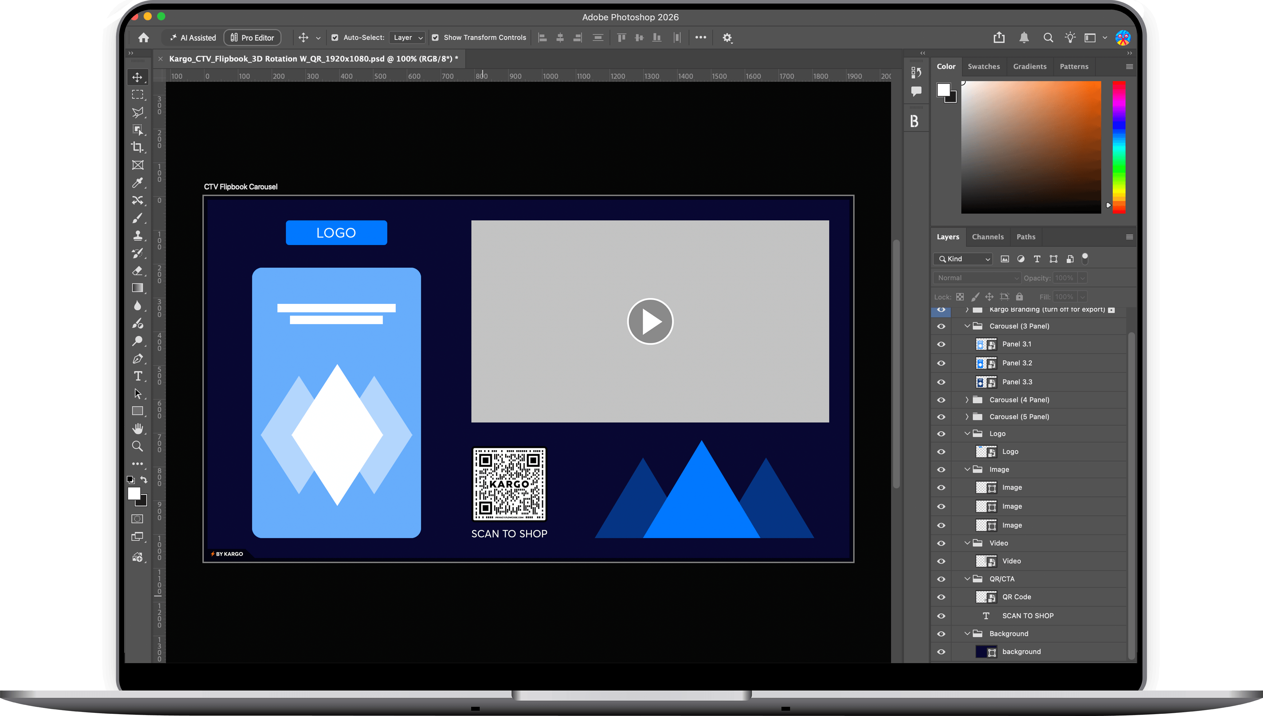 A laptop screen displaying Adobe Photoshop 2026 with a design project open titled 'Kargo_CTV_Flipbook_3D Rotation.' The project workspace shows a dark blue background with a blue card containing a white diamond shape and placeholder text, a gray video placeholder with a play button, a QR code labeled 'SCAN TO SHOP,' and three blue triangular shapes at the bottom right.