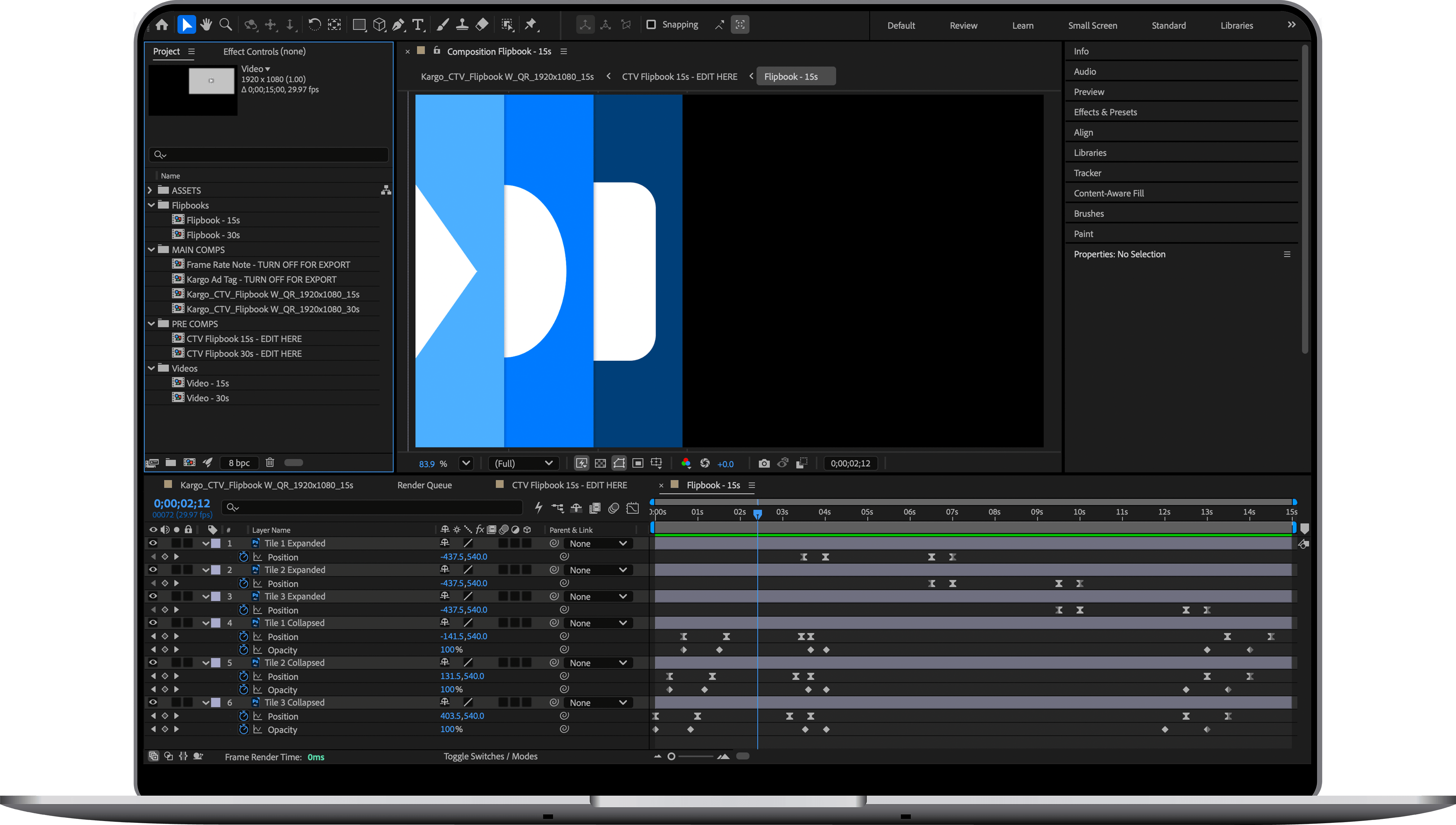 Laptop screen displaying Adobe After Effects interface with a composition named 'Flipbook - 15s' open, showing timeline layers for Title 1, 2, and 3 with keyframes, a preview panel with blue and white shapes, project panel on left, and various editing tools around.