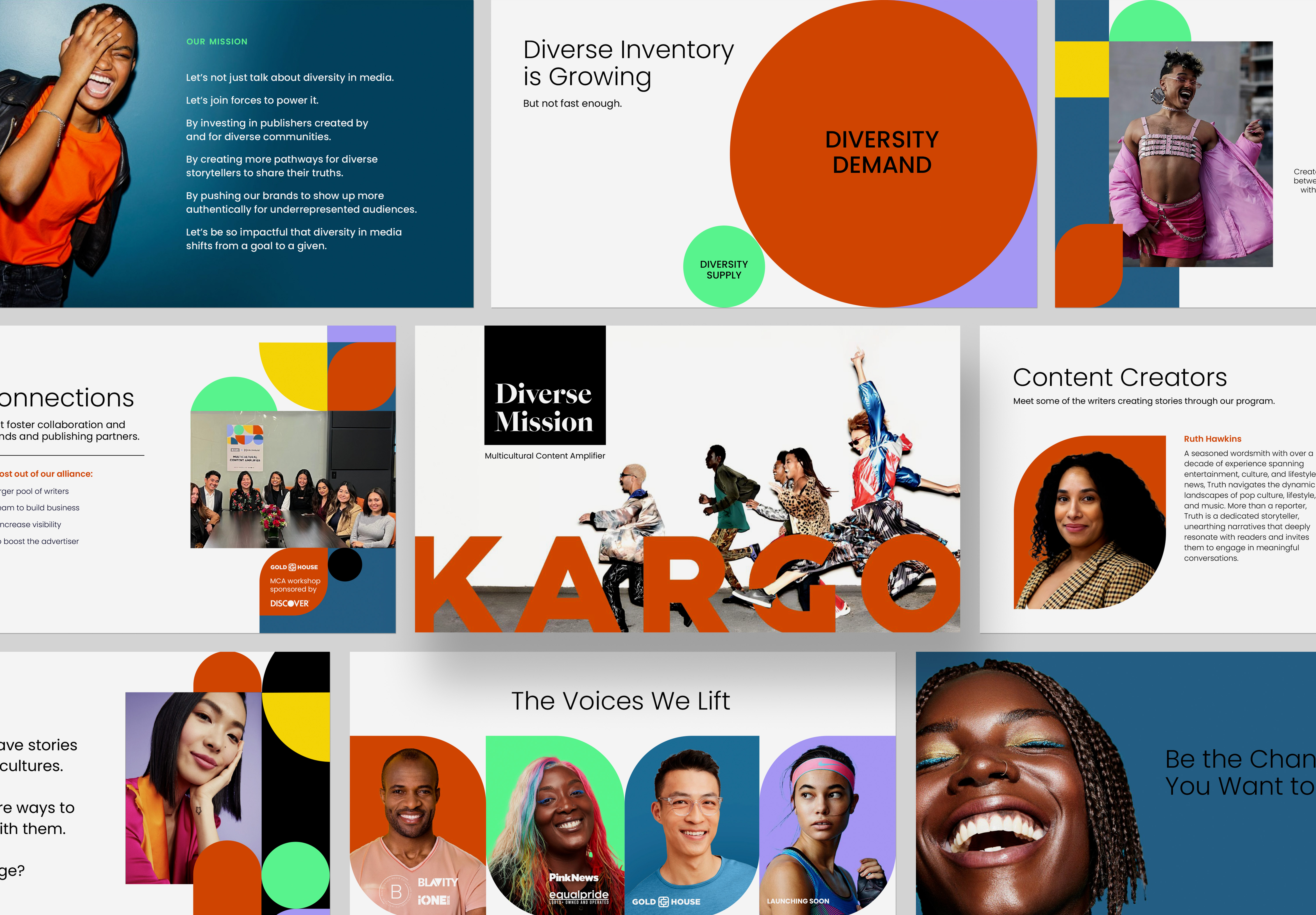 Collage of diverse individuals and text about diversity and inclusion in media, featuring photos of happy people, colorful geometric shapes, and phrases like 'Diverse Inventory is Growing,' 'Our Mission,' 'Connections,' 'Diverse Mission Multicultural Content Amplifier,' 'Content Creators,' and 'The Voices We Lift.' Emphasizes growing diversity demand versus supply, supporting multicultural voices and content creators with various expressions and backgrounds.