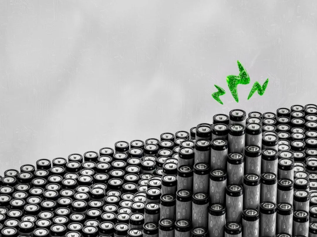 Stacks of cylindrical batteries arranged in rows with a cluster forming a peak, above which are green lightning bolt symbols indicating energy or power.
